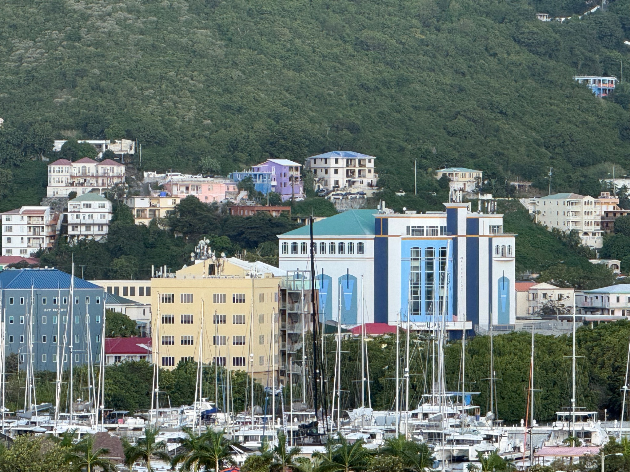 Colorful waterfront town and sailboats
